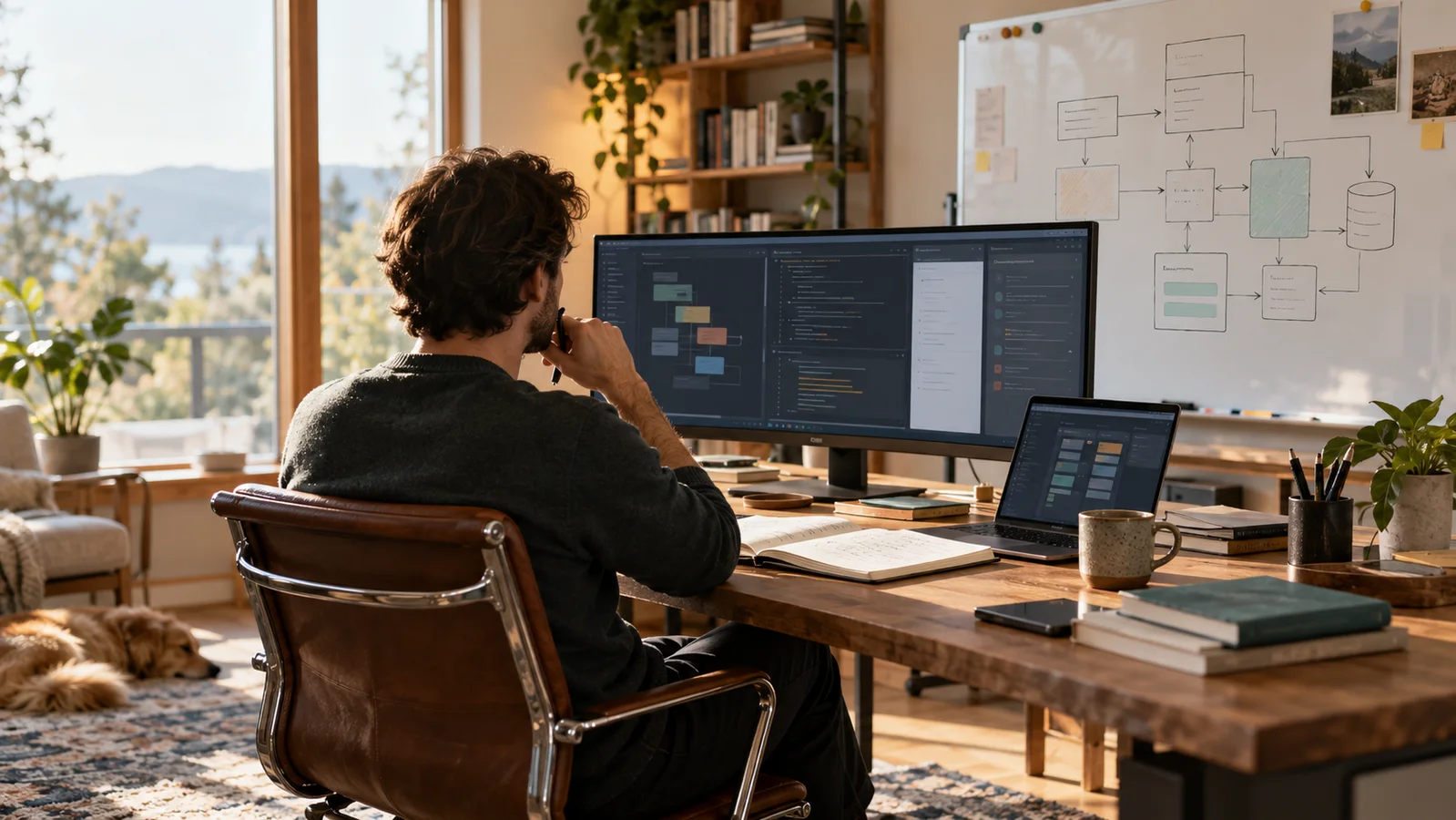 An engineer considering several development workspaces beside a whiteboard of connected systems.